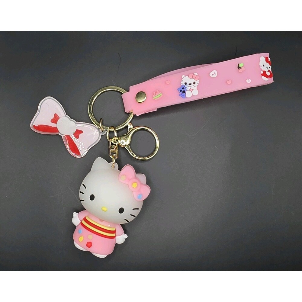 Hello Kitty Pink Cartoon Keychain Detachable Keyring Bow Charm Modern Era